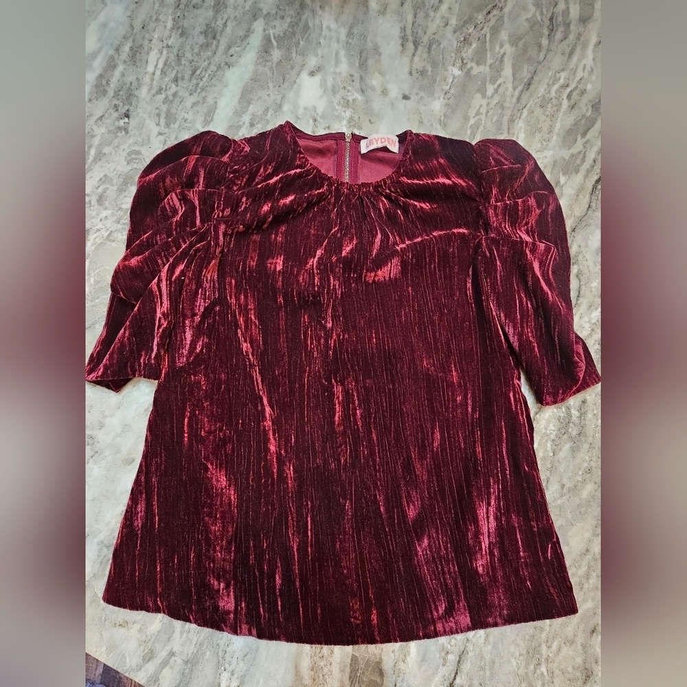 Burgundy Crushed Velvet Puff Sleeve Top LEYDEN Holiday Party Glam Retro Vintage